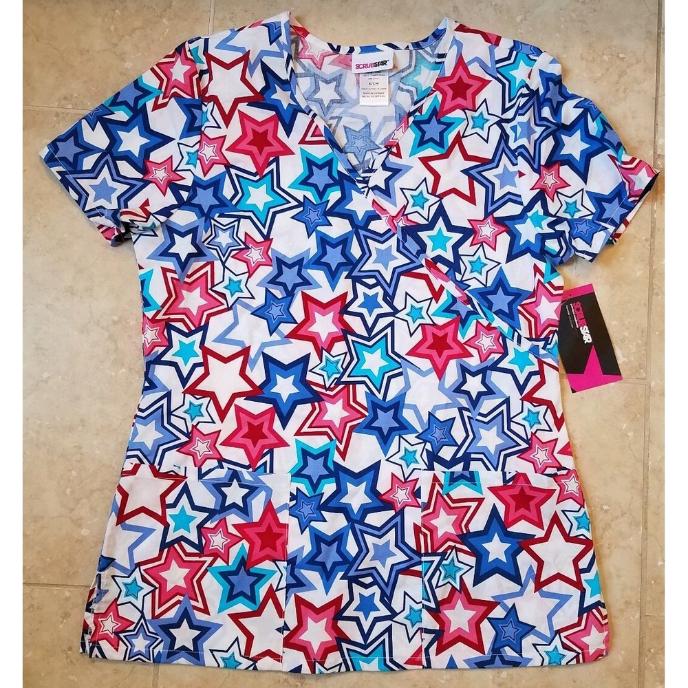 New Scrubstar‎ Women Fashion Collection V-Neck Mock Wrap Scrub Top Stars Small